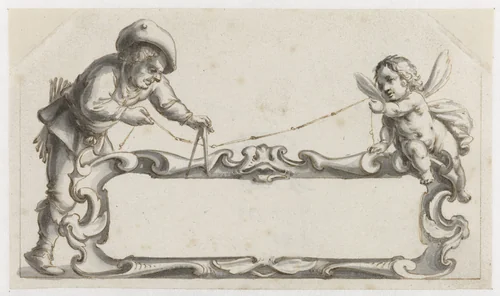 Cartouche omgeven door een man en een putto by Pieter Jansz, drawing, 1657-1662