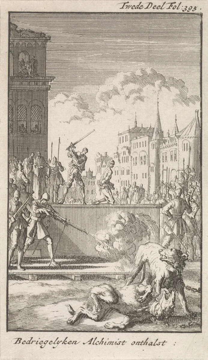 Marco Bragadino wordt onthoofd by Jan Luyken, print, 1699