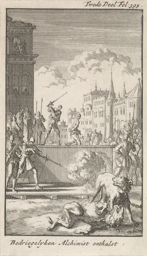Marco Bragadino wordt onthoofd by Jan Luyken, print, 1699