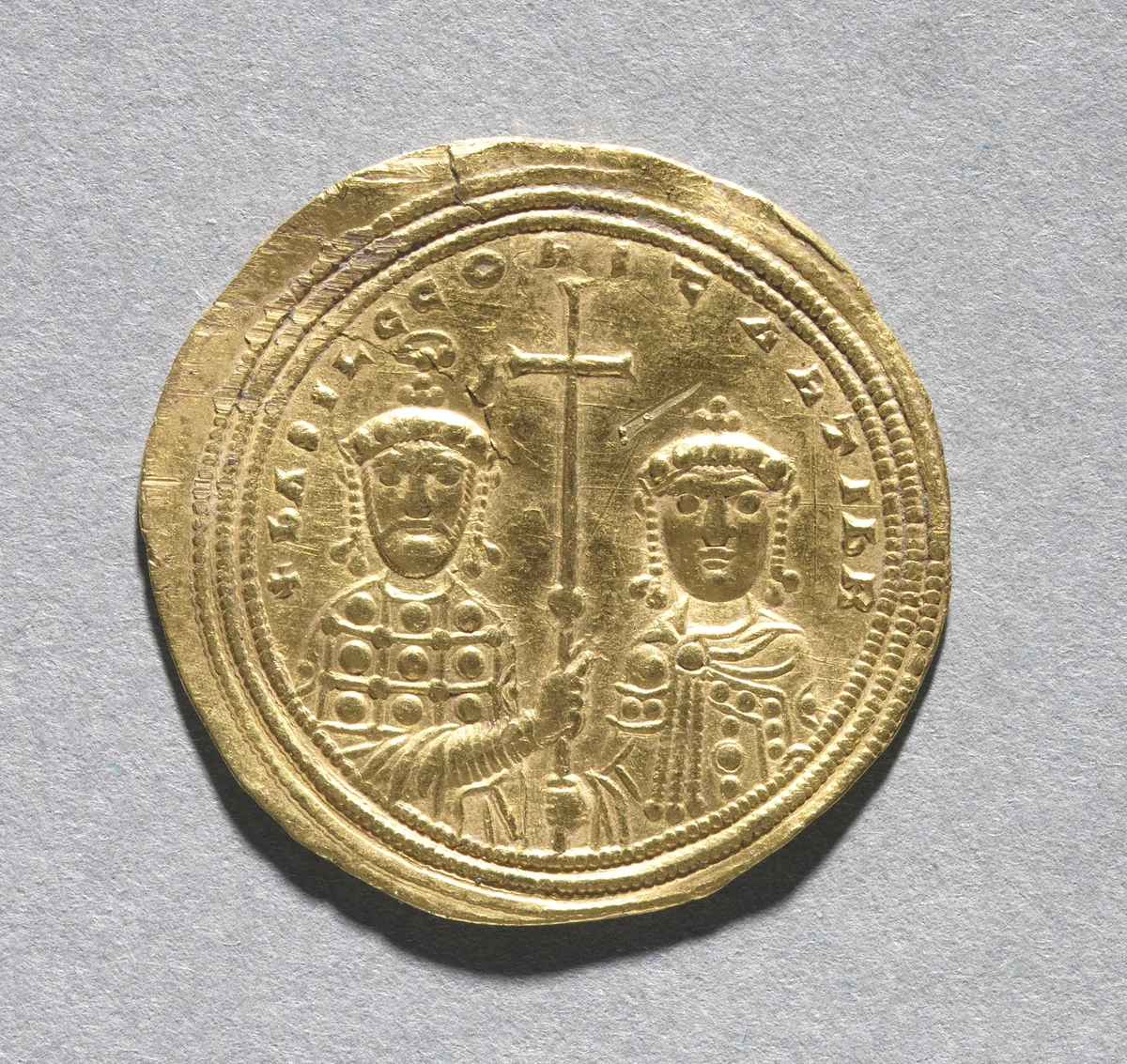 Nomisma with Basil II Bulgarotonos and His Brother Constantine VIII (reverse) by Unknown, metalwork, 977-1025