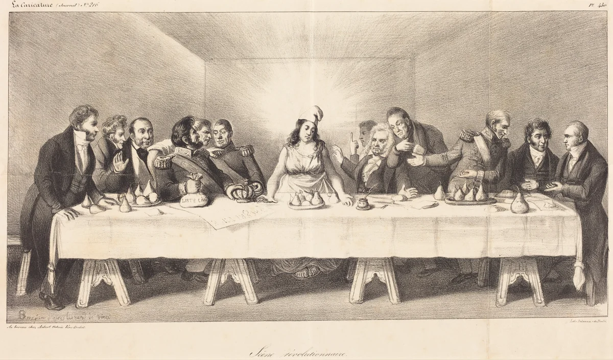 Scène révolutionnaire: Parody on the Last Supper by Auguste Bouquet, print, 1800-1846