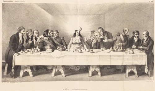 Scène révolutionnaire: Parody on the Last Supper by Auguste Bouquet, print, 1800-1846