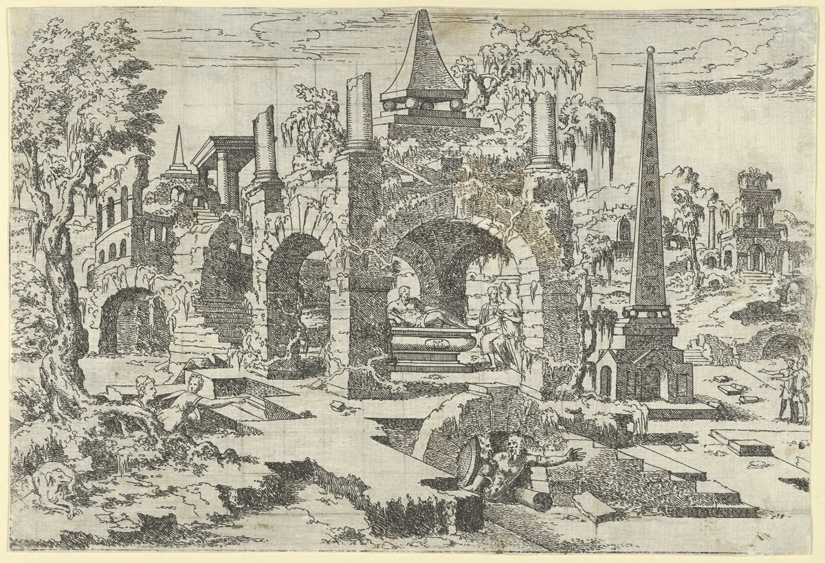 Landscape with Arched Tomb and an Obelisk by Léon Davent, print, 1540-1556