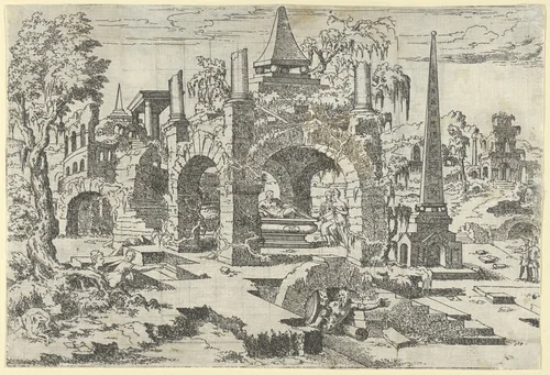 Landscape with Arched Tomb and an Obelisk by Léon Davent, print, 1540-1556