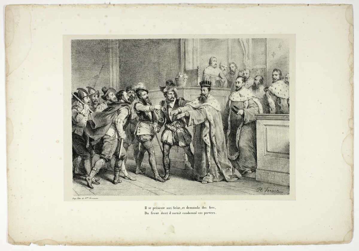 Il se présente aux Seize, et demande des fers... by Horace Vernet, print, 1825