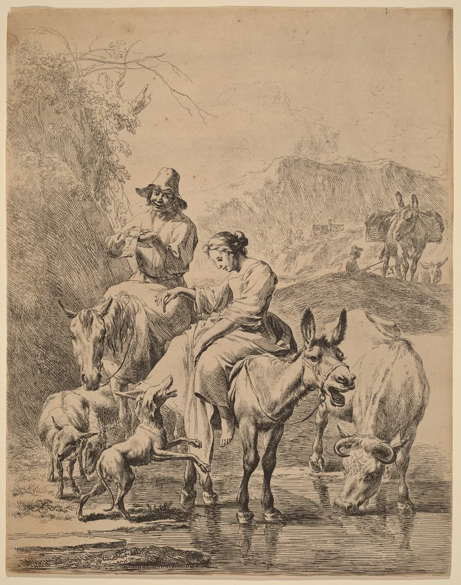 Shepherdess on a Donkey by Nicolaes Pietersz Berchem, print, 1655