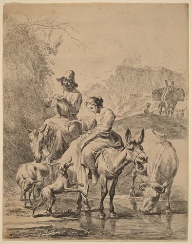 Shepherdess on a Donkey by Nicolaes Pietersz Berchem, print, 1655