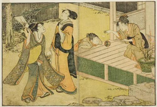 New Year Games of Shuttlecock, Battledore, and Hand Ball, from the illustrated book "Picture Book: Flowers of the Four Seasons (Ehon shiki no hana)," vol. 1 by Kitagawa Utamaro (喜多川歌麿), print, 1801