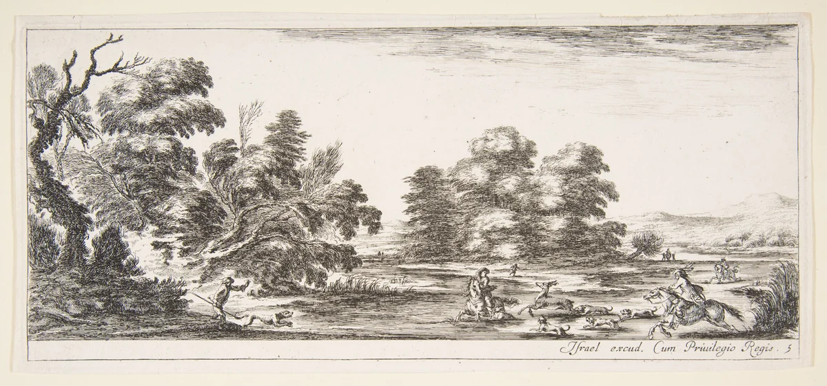 Plate 5: two horsemen in a stream to right, riding towards the left, following four dogs chasing a stag, another dog running into the water from the left, from 'Various landscapes' (Divers paysages) by Stefano della Bella, print, 1636-1646