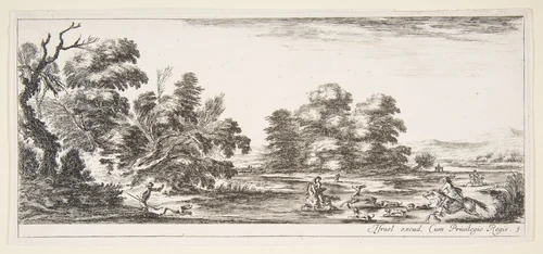 Plate 5: two horsemen in a stream to right, riding towards the left, following four dogs chasing a stag, another dog running into the water from the left, from 'Various landscapes' (Divers paysages) by Stefano della Bella, print, 1636-1646