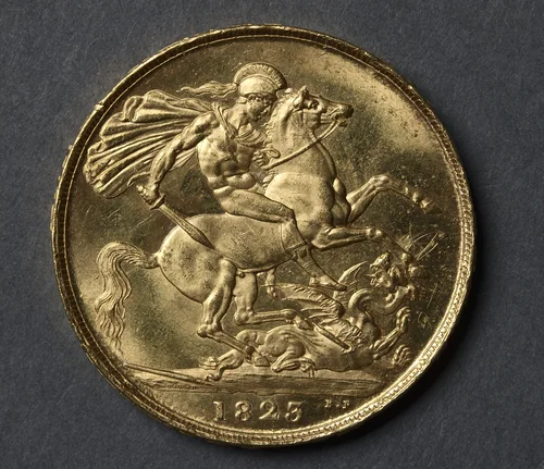 Two Pound Piece: St. George and the Dragon (reverse) by Benedetto Pistrucci, metalwork, 1823