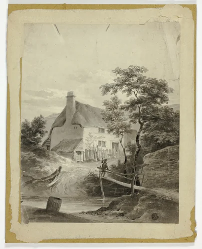 Boy on Bridge Outside a Cottage by Unknown Artist, drawing, 1700-1799