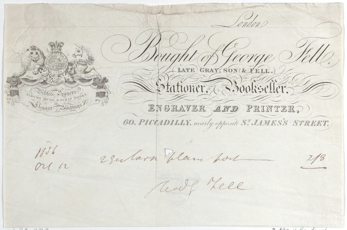Trade Card for George Fell, Stationer, Bookseller, Engraver and Printer by anonymous, print, 1800-1900