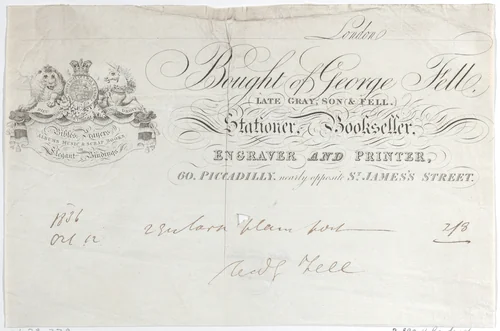 Trade Card for George Fell, Stationer, Bookseller, Engraver and Printer by anonymous, print, 1800-1900