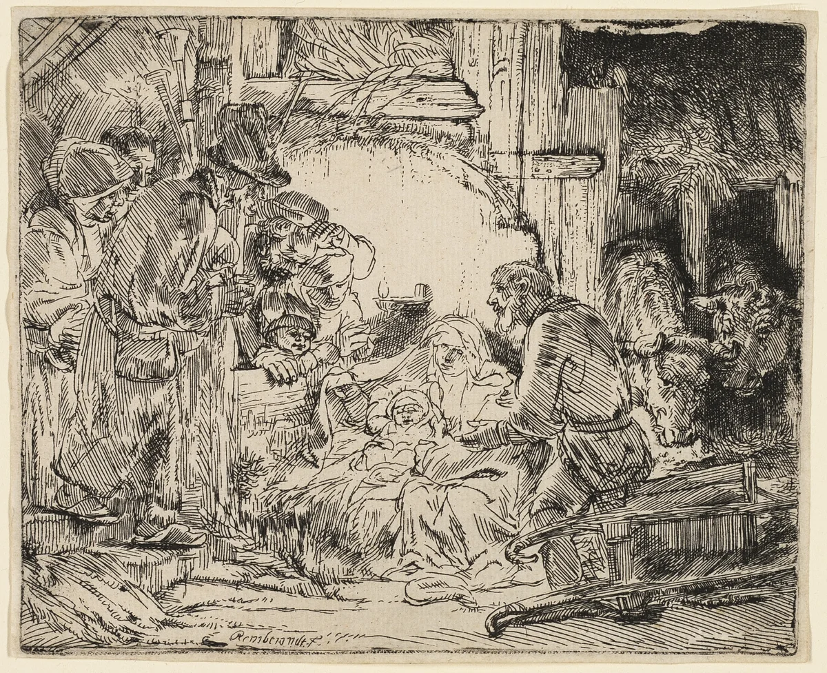 The Adoration of the Shepherds: With the Lamp by Rembrandt van Rijn, print, 1649-1659