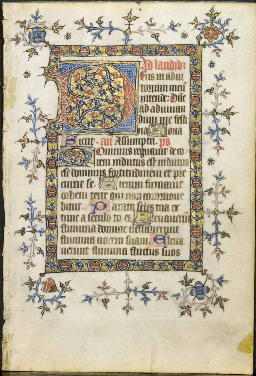 Leaf from a Book of Hours: Initial D by Unknown, manuscript, 1395-1405