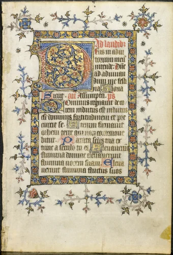 Leaf from a Book of Hours: Initial D by Unknown, manuscript, 1395-1405