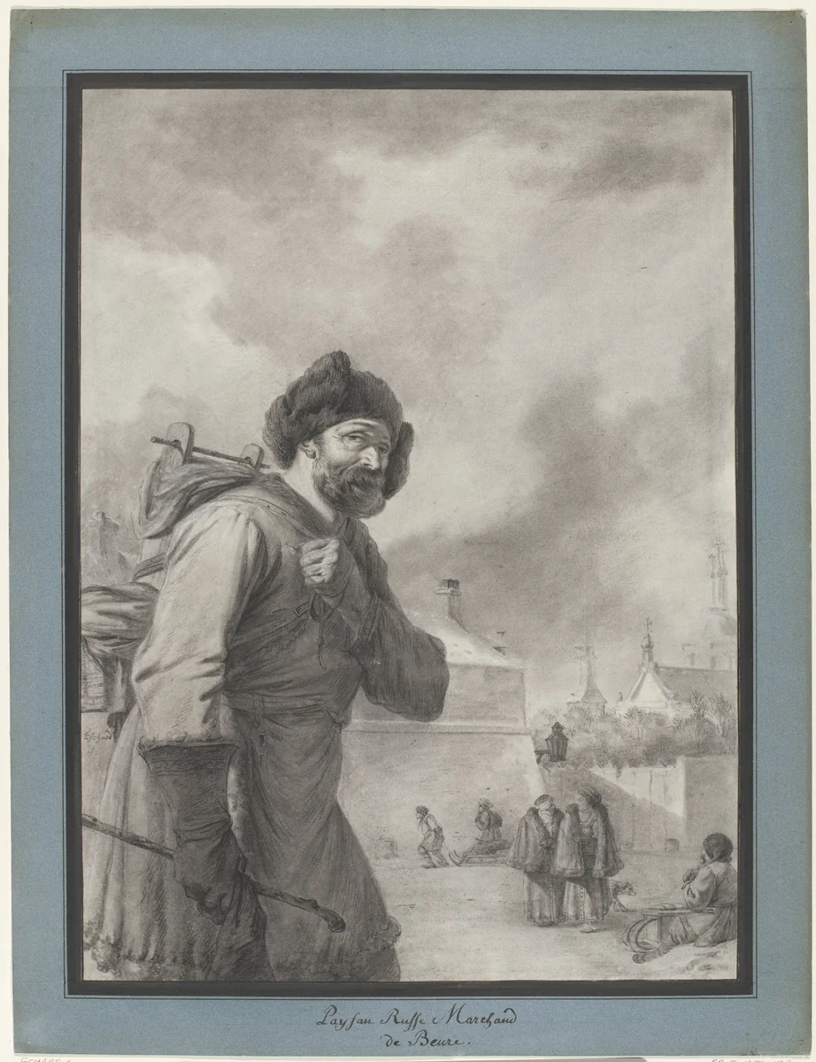 Russische boer met vaatje op de rug by Charles Echard, drawing, 1758-1810