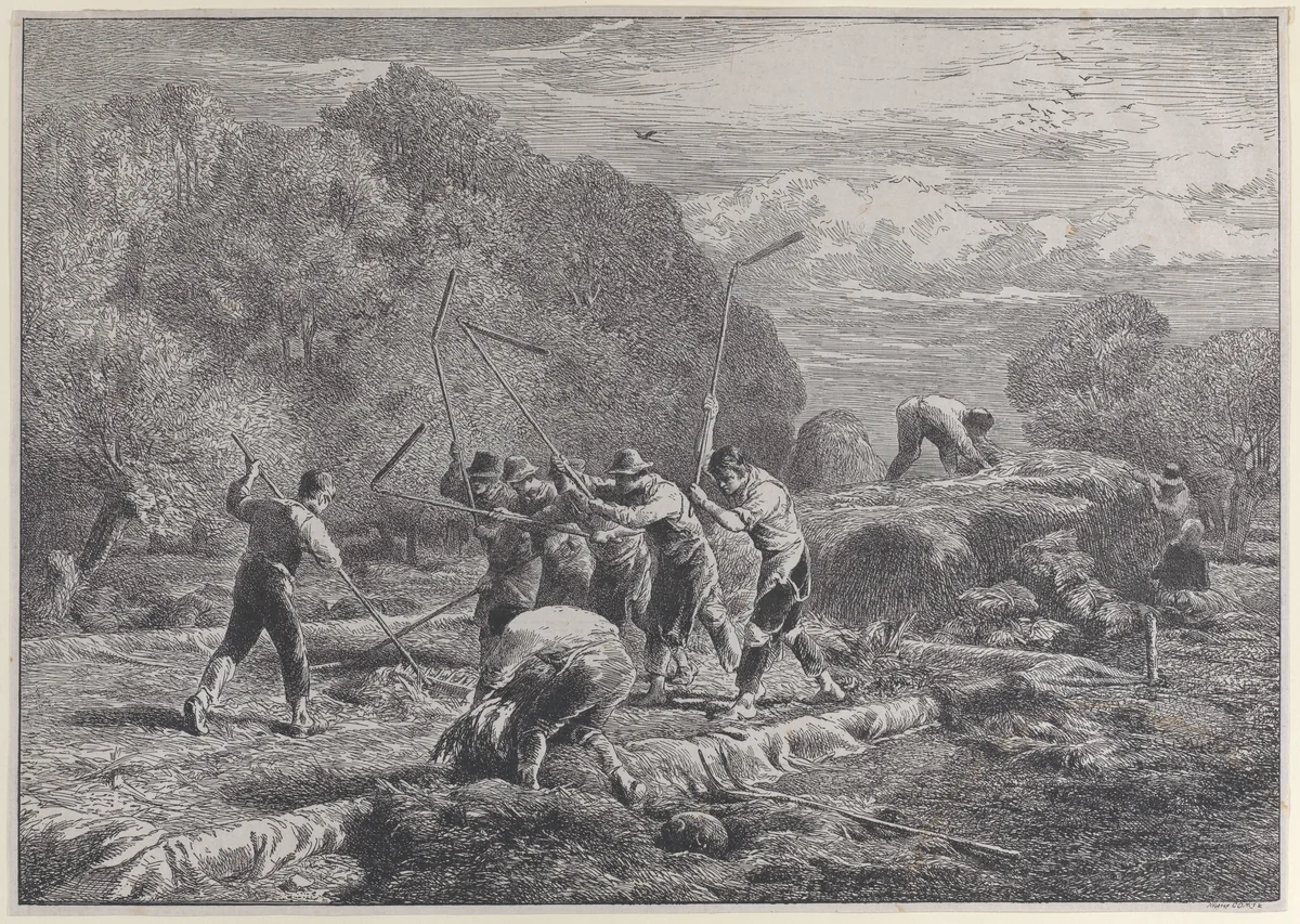 Men thrashing by anonymous, print, 1800-1900