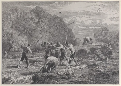 Men thrashing by anonymous, print, 1800-1900