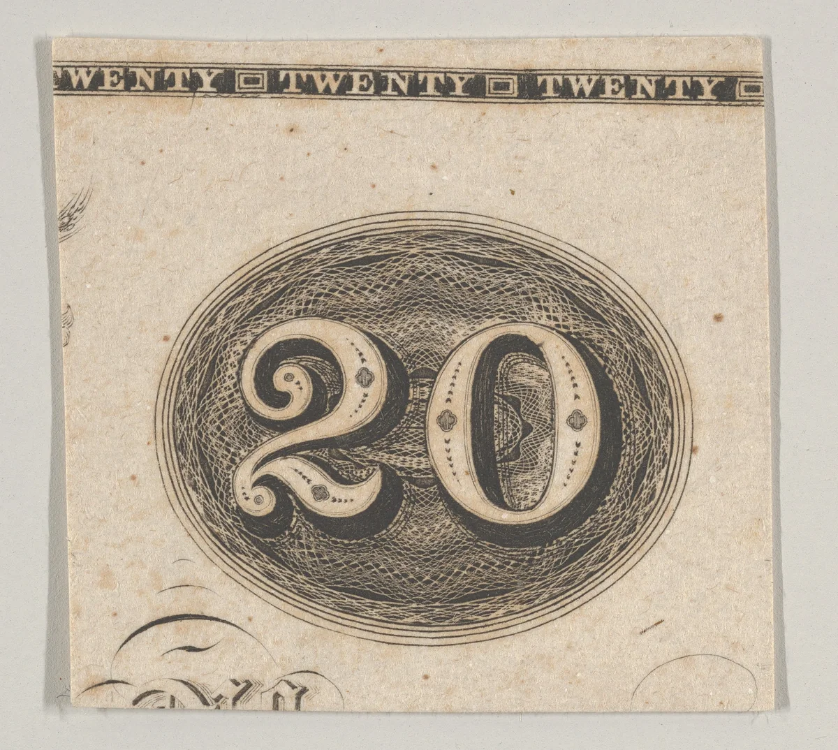 Banknote motif: the number 20 against an ornamental lathe work oval resembling woven rope by Cyrus Durand, print, 1819-1847