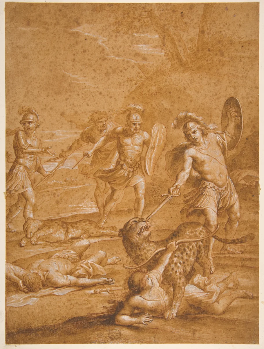 The Shipwrecked Alphone Rescues Lisamante from a Panther by Andrea Sacchi, drawing, 1599-1661
