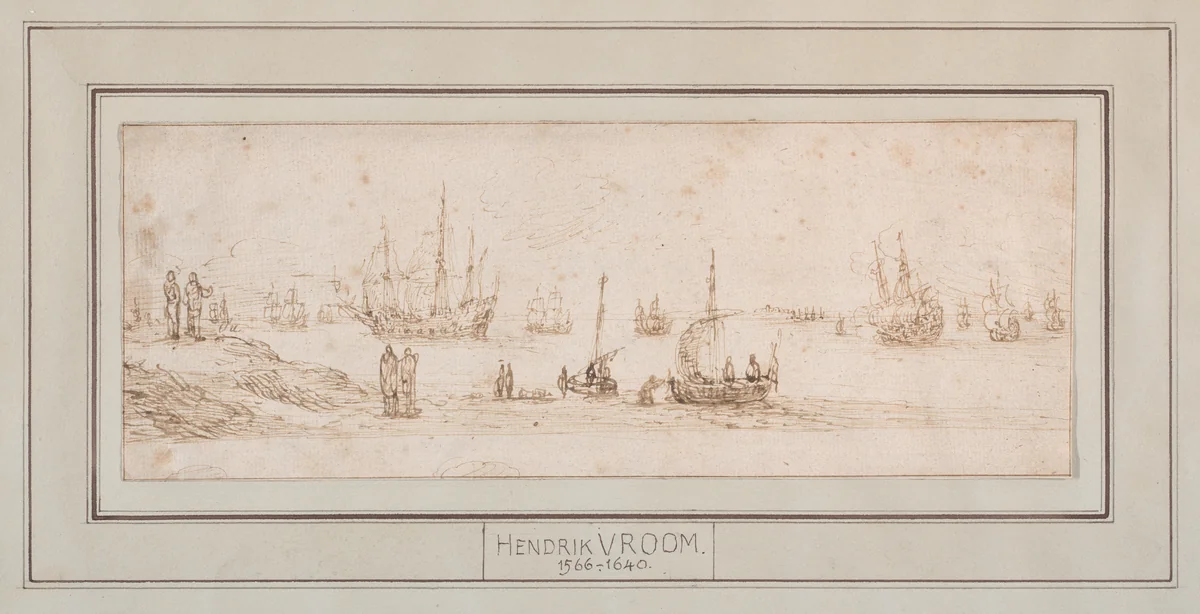A Fleet of Men-o-War with Figures on the Shore by Hendrick Vroom, drawing, 1583-1640