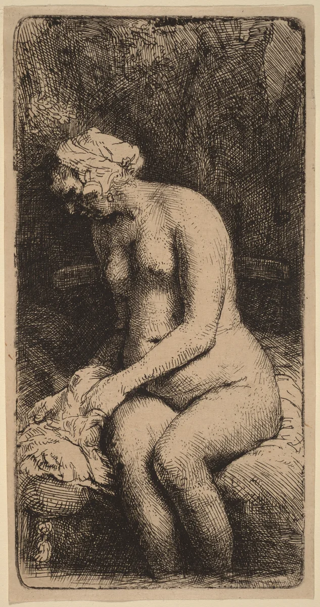 Nude Seated on a Bench with a Pillow (Woman Bathing Her Feet at a Brook) by Rembrandt van Rijn, print, 1658