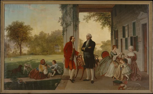 Washington and Lafayette at Mount Vernon, 1784 (The Home of Washington after the War) by Thomas Pritchard Rossiter, artwork, 1859