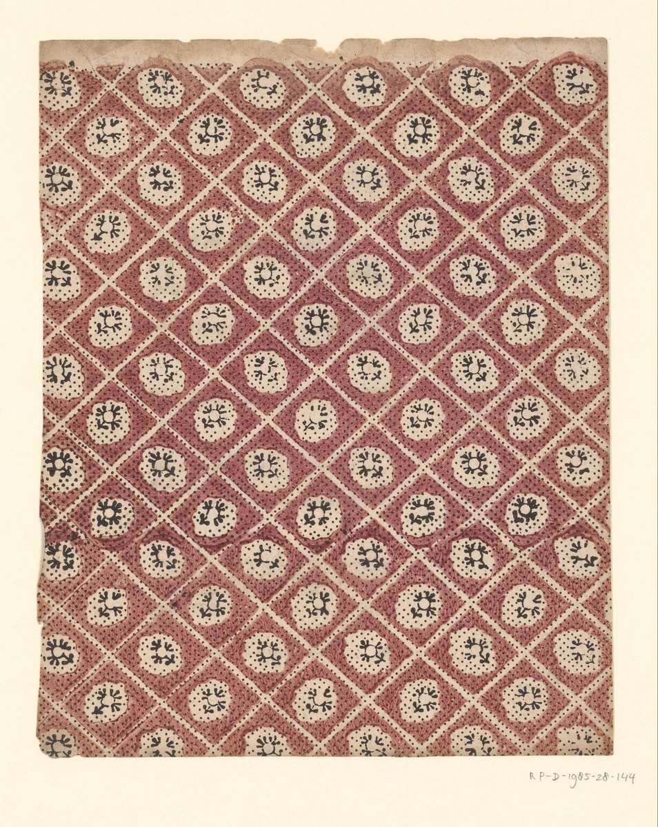 Blad met ruitenpatroon met bloem als veldvulling en puntenfond by anonymous, other, 1750-1900