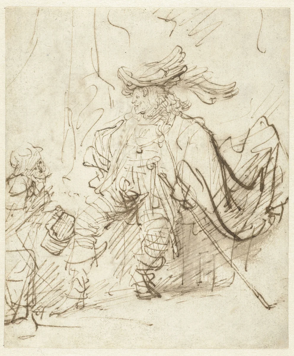 Seated Actor in the Role of Capitano by Rembrandt van Rijn, drawing, 1634-1636