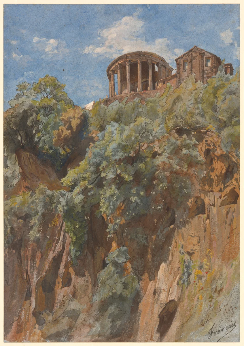 View of the Temple of Vesta in Tivoli by Louis Français, drawing, 1844