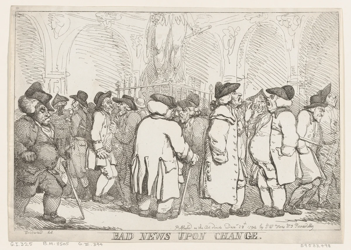 Bad News Upon Change by Thomas Rowlandson, print, 1794