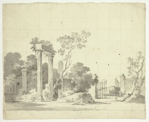 View of the Park at Versailles: Ruined Columns and an Open Iron Gate by Pierre Antoine Mongin, drawing, 1781-1827