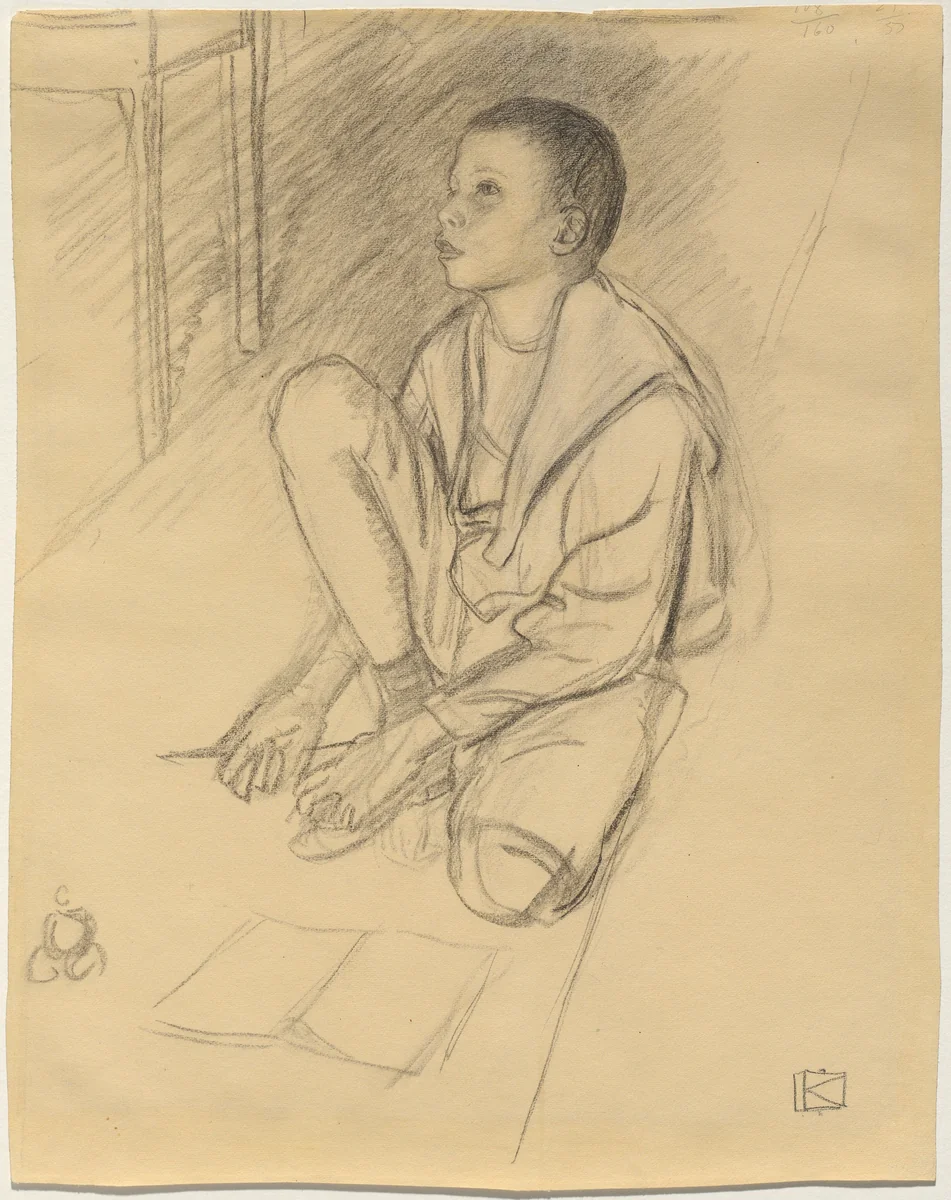 The Artist's Son Wolf Crouching on the Floor by Leopold von Kalckreuth, drawing, 1900
