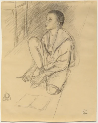 The Artist's Son Wolf Crouching on the Floor by Leopold von Kalckreuth, drawing, 1900