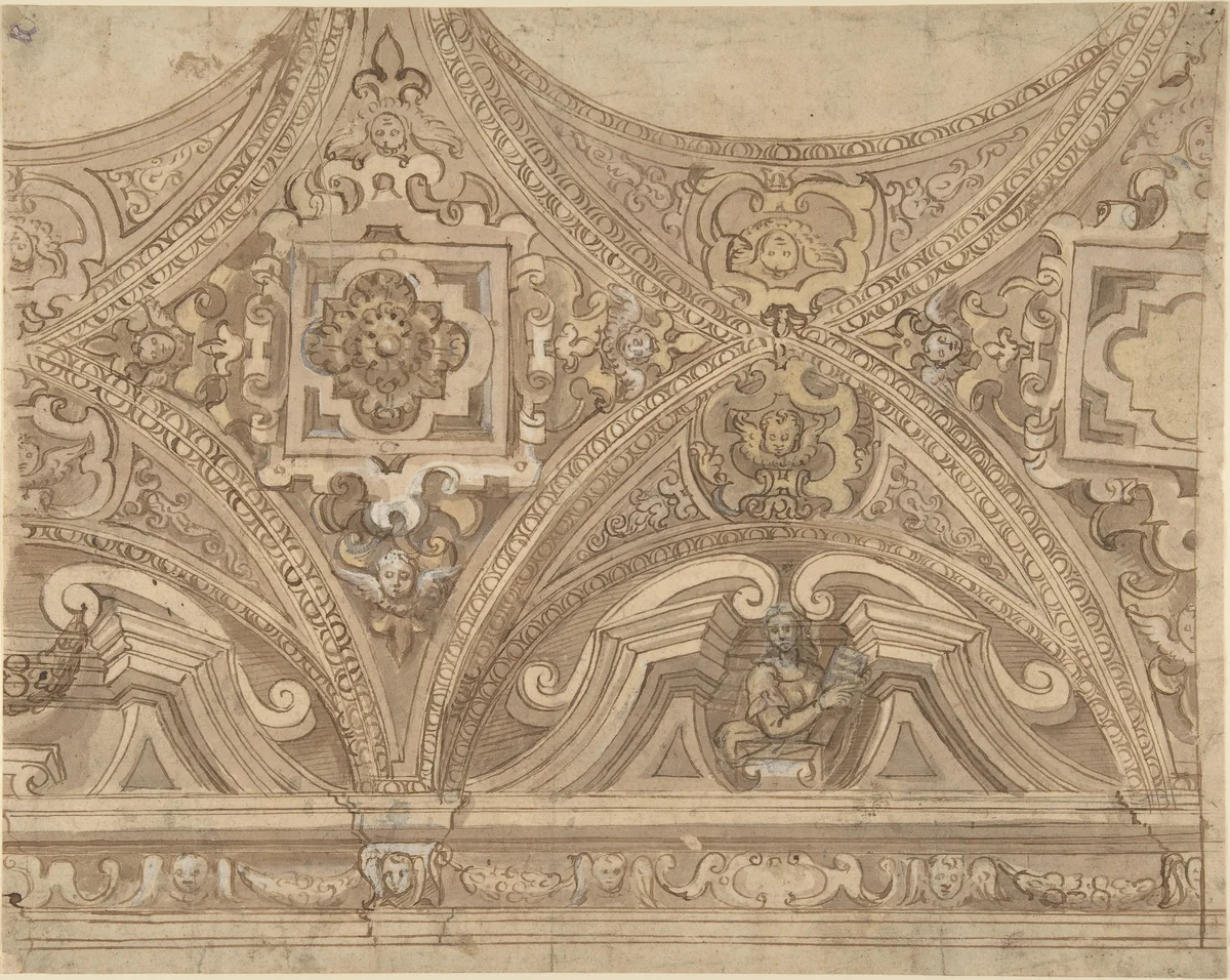 Design for part of a Vaulted Ceiling of a Church by anonymous, drawing, 1600-1699