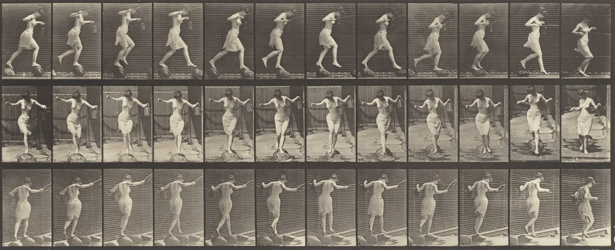 Plate Number 175. Crossing brook on stepping-stones with a fishing pole and can by Eadweard Muybridge, photograph, 1887