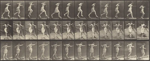 Plate Number 175. Crossing brook on stepping-stones with a fishing pole and can by Eadweard Muybridge, photograph, 1887