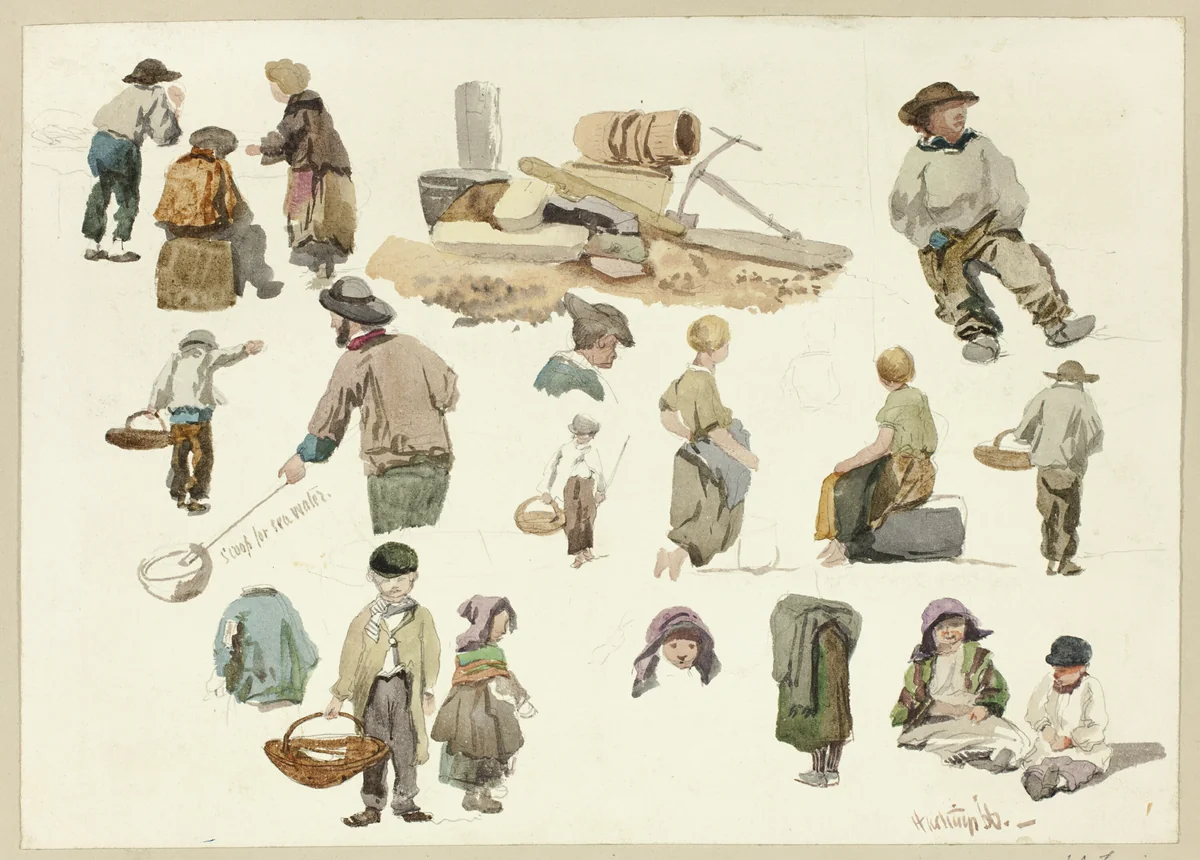 Sketches of Fishermen and Children at Hastings by Unknown Artist, painting, 1866