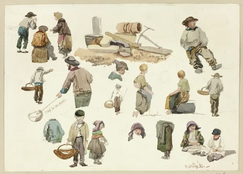 Sketches of Fishermen and Children at Hastings by Unknown Artist, painting, 1866