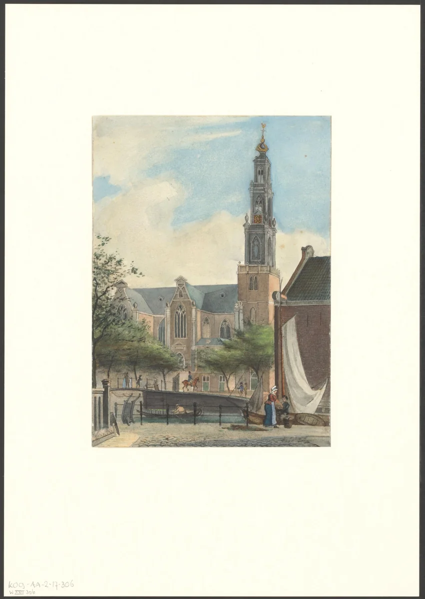 Gezicht op de Westerkerk vanaf de Bloemgracht by Johan Martinus Anthon Rieke, drawing, 1861-1899