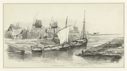 Gezicht in een Franse of Belgische kustplaats by anonymous, drawing, 1800-1900