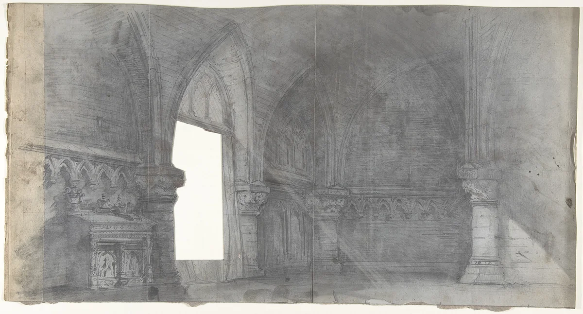 Design for a Stage Set at the Opéra, Paris: Church Interior by Eugène Cicéri, drawing, 1830-1890