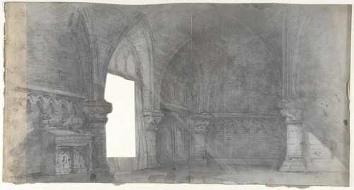 Design for a Stage Set at the Opéra, Paris: Church Interior by Eugène Cicéri, drawing, 1830-1890