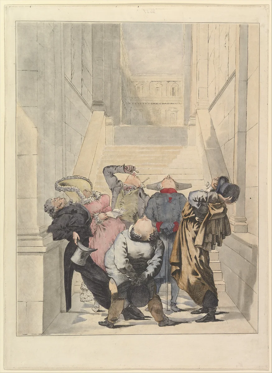 Visitors to the Salon Exhibition, Admiring the Ceiling (Les Amateurs de plafonds au Salon) by Louis Philibert Debucourt, print, 1824