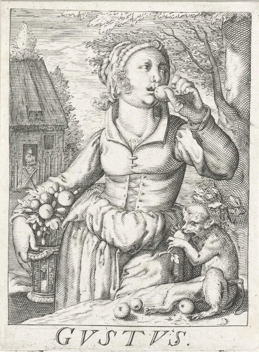Smaak (Gustus), een vrouw met vruchten by Unknown, print, 1583-1650