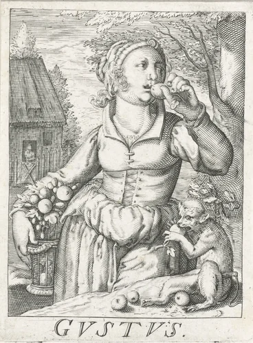 Smaak (Gustus), een vrouw met vruchten by Unknown, print, 1583-1650