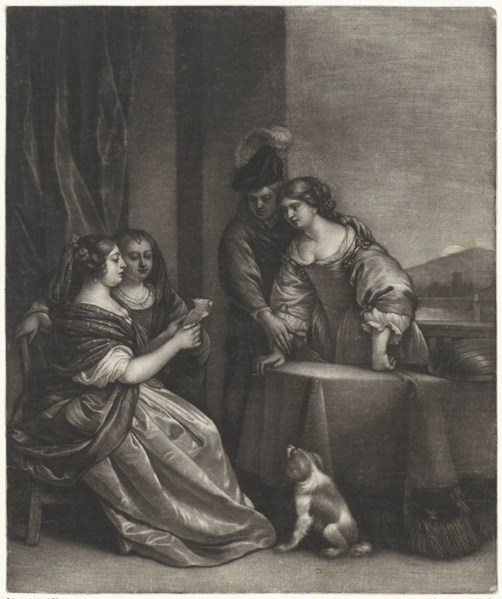Brieflezende vrouw op een terras by Wallerant Vaillant, print, 1658-1677