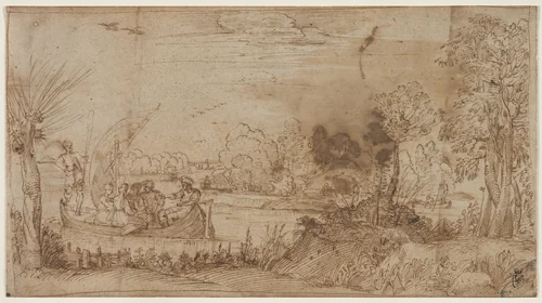 River Landscape with Boats by Annibale Carracci, drawing, 1585-1595